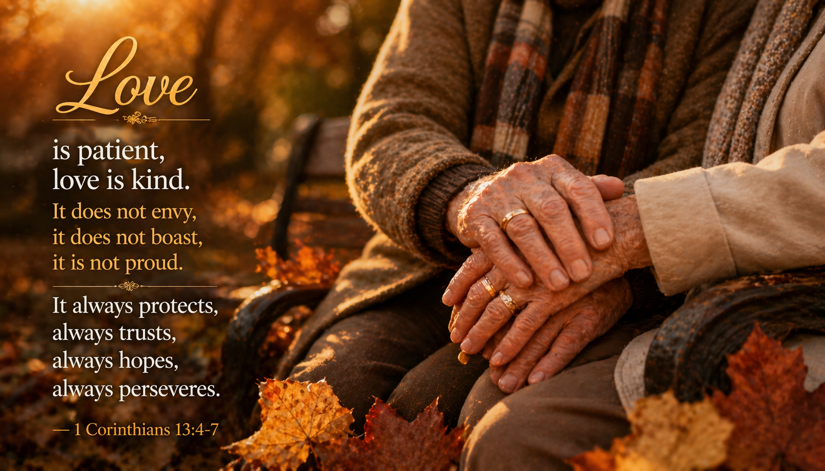 1 Corinthians 13:4-7 Bible verse wallpaper - Love is patient love is kind always perseveres - elderly couple hands on wooden bench autumn setting